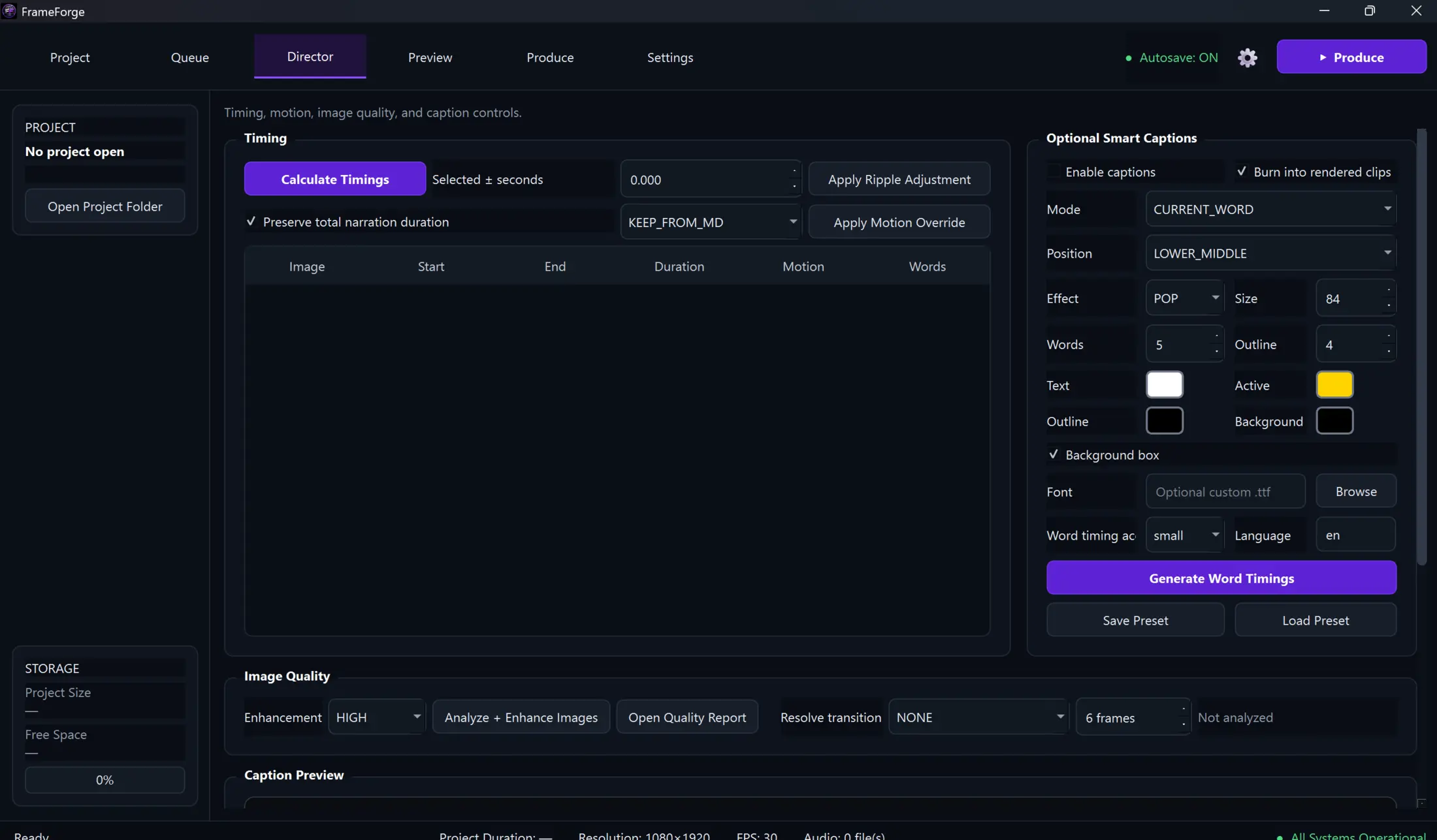 FrameForge Director page with timing, motion, image quality, and caption controls